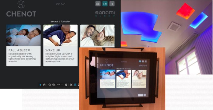 Touchscreen-Oberfläche der Licht- und Tonsteuerung im Chenot Palace
